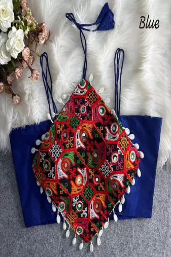 Women's royal blue navratri blouse | kutchi embroidered noodles strap choli | hand mirror work cotton blouse