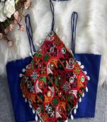 Women's royal blue navratri blouse | kutchi embroidered noodles strap choli | hand mirror work cotton blouse