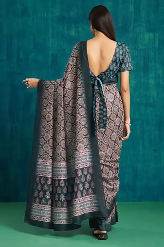 Blue printed blended cotton designer saree with blouse piece