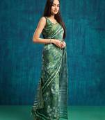 Green printed blended cotton designer saree with blouse piece