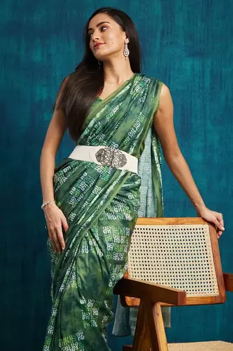 Green printed blended cotton designer saree with blouse piece