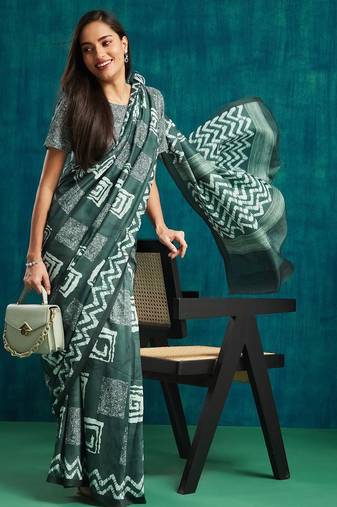 Olive printed blended cotton designer saree with blouse piece