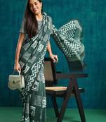 Olive printed blended cotton designer saree with blouse piece