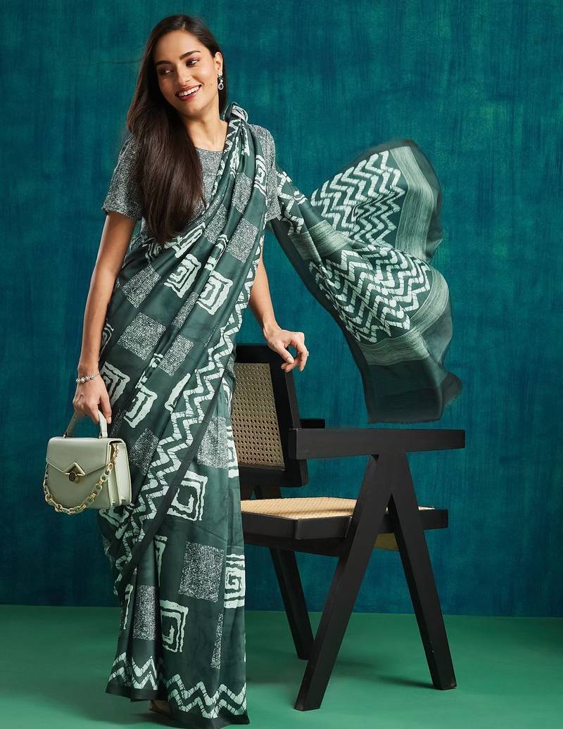 Olive printed blended cotton designer saree with blouse piece