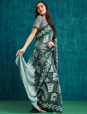 Olive printed blended cotton designer saree with blouse piece 2