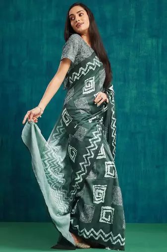 Olive printed blended cotton designer saree with blouse piece