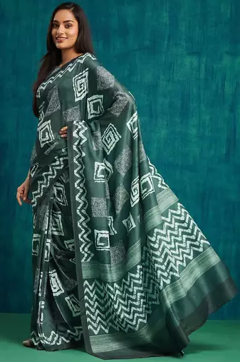 Olive printed blended cotton designer saree with blouse piece