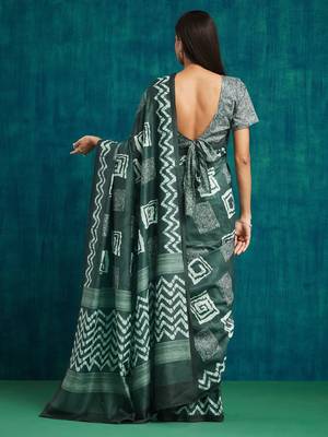 Olive printed blended cotton designer saree with blouse piece 4