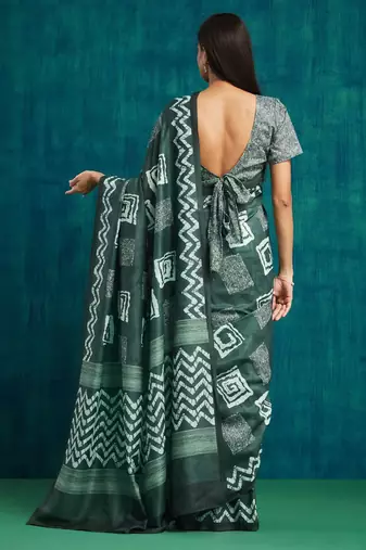 Olive printed blended cotton designer saree with blouse piece
