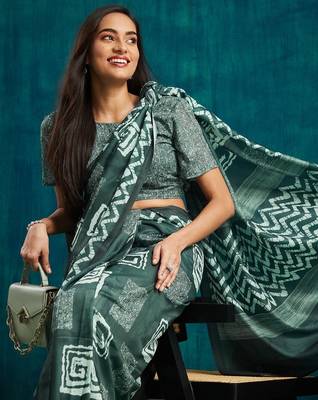 Olive printed blended cotton designer saree with blouse piece 5