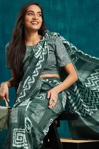 Olive printed blended cotton designer saree with blouse piece