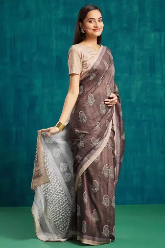 Coffee brown printed blended cotton designer saree with blouse piece