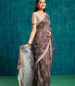Coffee brown printed blended cotton designer saree with blouse piece