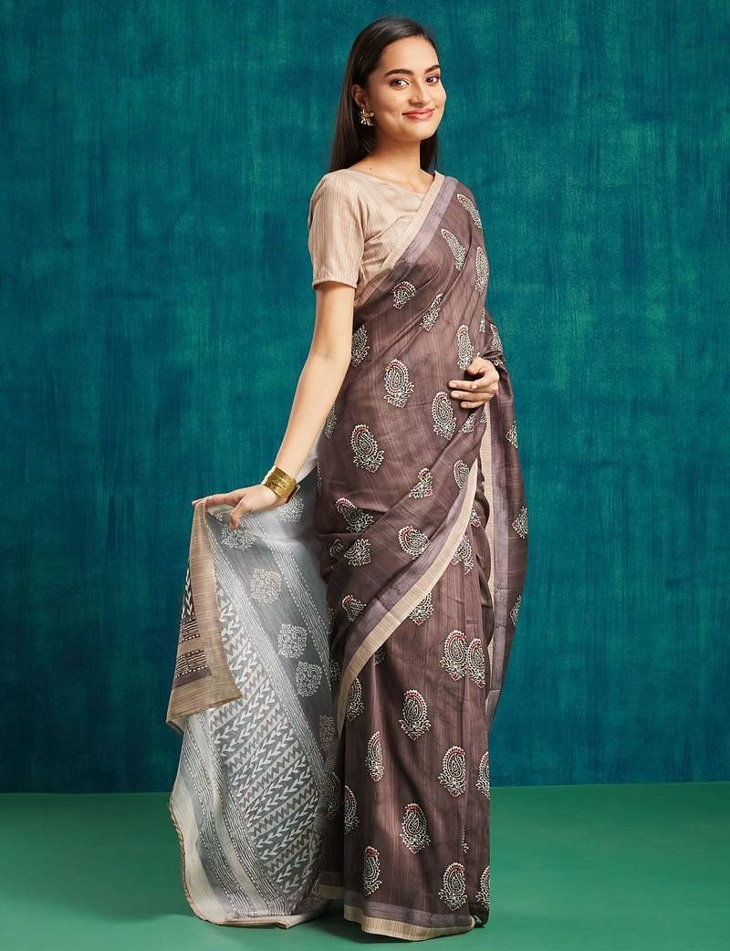 Coffee brown printed blended cotton designer saree with blouse piece
