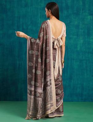 Coffee brown printed blended cotton designer saree with blouse piece 2