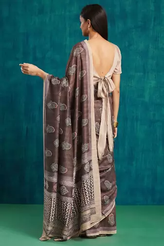 Coffee brown printed blended cotton designer saree with blouse piece