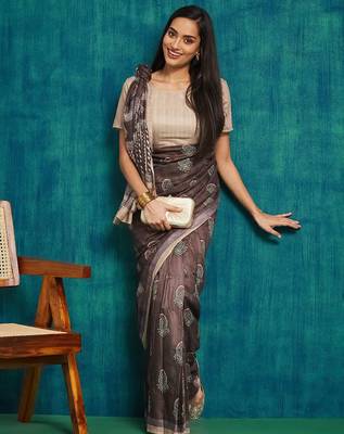 Coffee brown printed blended cotton designer saree with blouse piece 3