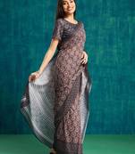 Black printed blended cotton designer saree with blouse piece