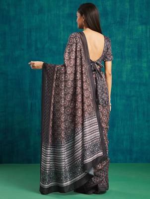 Black printed blended cotton designer saree with blouse piece 2