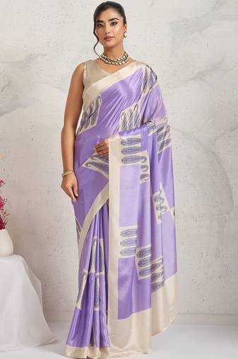 Purple printed satin fashion saree with blouse piece
