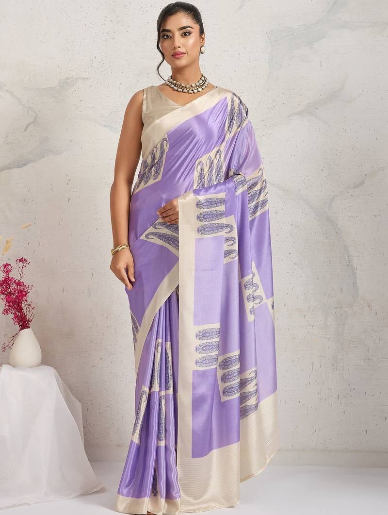Purple printed satin fashion saree with blouse piece