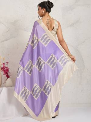 Purple printed satin fashion saree with blouse piece 3