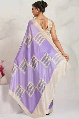 Purple printed satin fashion saree with blouse piece
