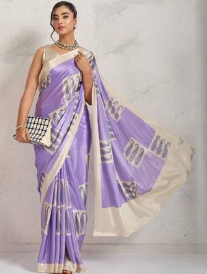 Purple printed satin fashion saree with blouse piece 4