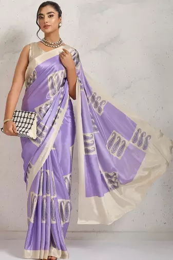 Purple printed satin fashion saree with blouse piece