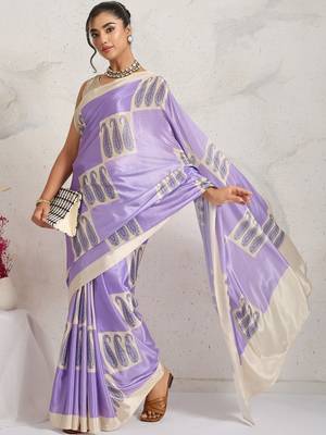 Purple printed satin fashion saree with blouse piece 5