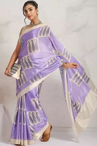 Purple printed satin fashion saree with blouse piece