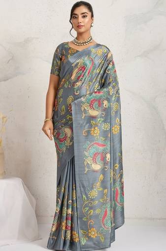 Grey printed satin fashion saree with blouse piece