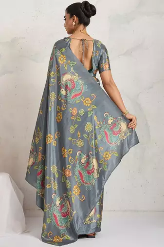 Grey printed satin fashion saree with blouse piece