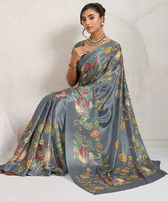 Grey printed satin fashion saree with blouse piece 4
