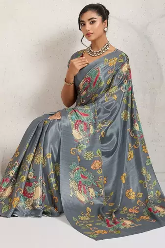 Grey printed satin fashion saree with blouse piece
