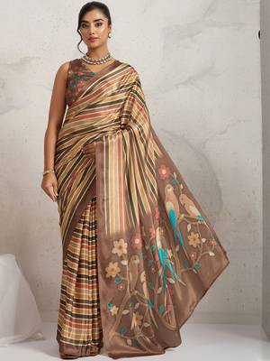 Brown printed satin fashion saree with blouse piece 1