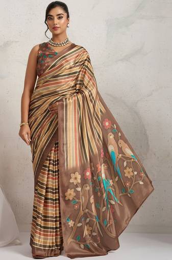 Brown printed satin fashion saree with blouse piece