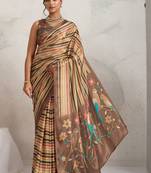 Brown printed satin fashion saree with blouse piece