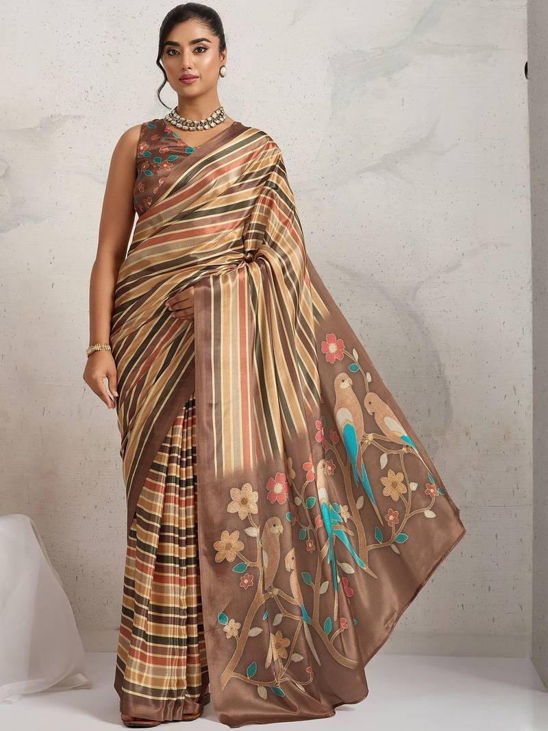 Brown printed satin fashion saree with blouse piece