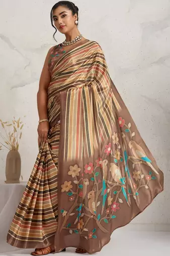 Brown printed satin fashion saree with blouse piece