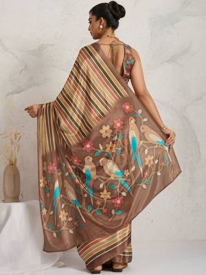 Brown printed satin fashion saree with blouse piece 3