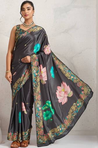 Grey printed satin fashion saree with blouse piece