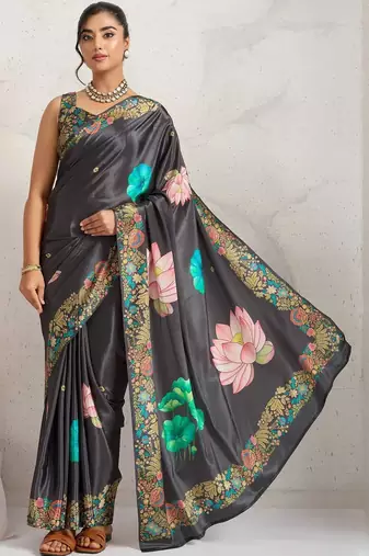 Grey printed satin fashion saree with blouse piece