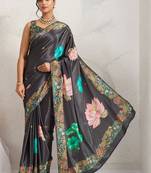 Grey printed satin fashion saree with blouse piece