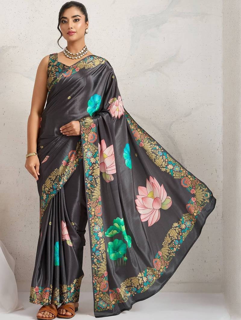 Grey printed satin fashion saree with blouse piece