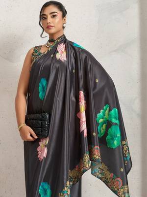 Grey printed satin fashion saree with blouse piece 2