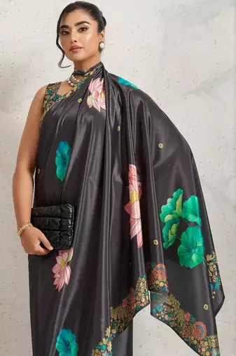Grey printed satin fashion saree with blouse piece