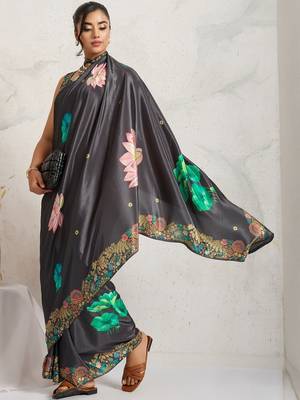 Grey printed satin fashion saree with blouse piece 3