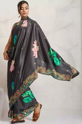 Grey printed satin fashion saree with blouse piece