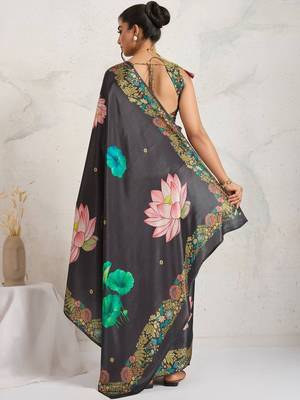 Grey printed satin fashion saree with blouse piece 4